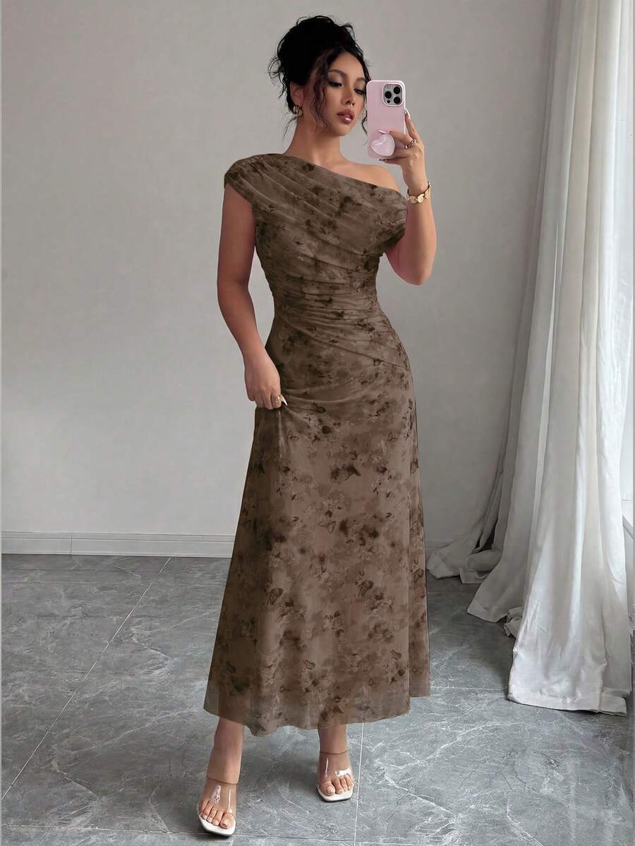 Modelyn 女款粉色花卉蝴蝶印花網紗不對稱領抽褶浪漫夏季優雅中長洋裝 - 咖啡 - 查看 1