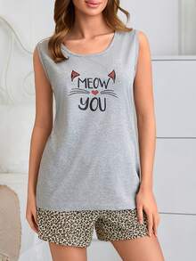 SHEIN Cottnline 100% Cotton 2 Pcs Women Sleeveless Letter And Heart Patterned Sleep Top + Leopard Pattern Shorts Casual Pajama Lounge Set - Multicolor - View 3