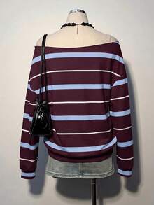 Attitoon Sudadera de mujer con bloques de color y rayas, hombros descubiertos - Multicolor - Ver 2