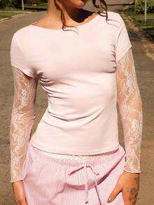 Vivi Wanderley Blusa de mujer de manga larga 2 en 1 de punto ligero con patchwork de encaje rosa, blusa transparente rosa, blusa de encaje rosa, blusa de manga larga rosa, casual - Rosa Pálido - Ver 3