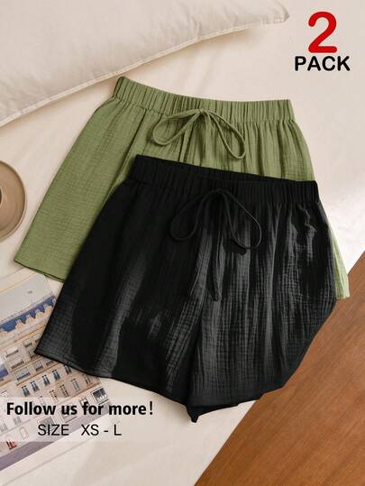 Story & Sage Women's Casual Home & Vacation Loose Drawstring Bow Tie Textured Shorts, Spring/Summer, Khaki, Multi-Pack