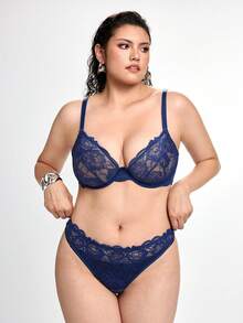 Slumbrini 1 Set Women Plus Size Solid Color Lace Underwire Bra & Panty Set, Lift - Navy Blue - View 8