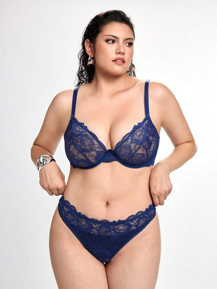 Slumbrini 1 Set Women Plus Size Solid Color Lace Underwire Bra & Panty Set, Lift - Navy Blue - View 8