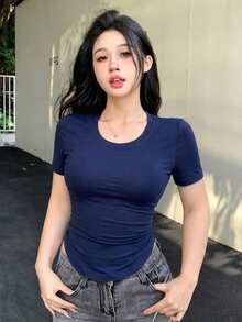 DAZY 女款藍色純色圓領短袖T恤，休閒街頭風，適合音樂節、情人節、婚禮、運動、戶外、夏季 - 藏蓝色 - 查看 3