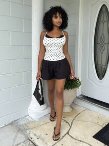 Alexandranx Women's Elegant Romantic Delicate Charming Holiday Sexy Black Lace Trim Collar Black & White Polka Dot Cami Top, Y2K Sexy Versatile For Vacation, Elegant And Casual Polka Dot Lace-Trimmed Camisole For Spring And Summer, Polka Dot Corset, Spring Women, Spring Break , Valentine's Day, Elegant Party Top, Polka Dot Top - Black and White - View 5