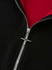 ROMWE MEN Sudadera de hombre con parches de estrellas de diamantes brillantes y contraste de color, estilo vintage de calle - Negro - Ver 4