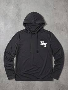 Manfinity Homme Men's Letter Print Built-In Face Mask Drawstring Hooded Long Sleeve Sun Protection Swim Top - Black - View 3