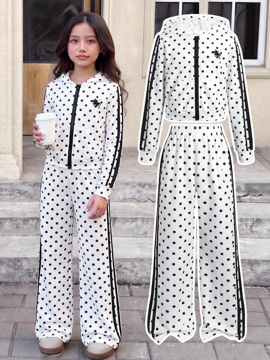 Set Hoodie dan Celana Motif Polkadot Kasual Sehari-hari yang Nyaman untuk Remaja Perempuan, Cocok untuk Musim Gugur/Dingin - Hitam dan Putih - View 1