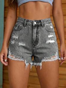 Jeanoix Celana Pendek Denim Wanita Serbaguna Kasual dengan Saku, Kancing, Detail Sobek dan Ujung Berumbai, Warna Abu-abu, Cocok untuk Berbagai Acara dan Musim Panas - Light Grey - View 5