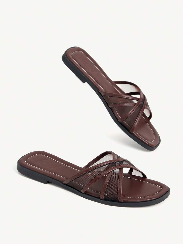 CUCCOO CHICEST Sandal Wanita Sederhana dengan Tali Silang, Sol Datar, Sol Lembut, Sepatu Komuter Serbaguna untuk Wanita - Coffee Brown - View 6