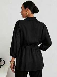 MaterniWear Atasan Hamil Wanita Kasual Longgar dengan Kerah Lipat dan Tali Serut, Model Tenun Warna Polos yang Modis untuk Aktivitas Luar Ruangan - Hitam - View 7