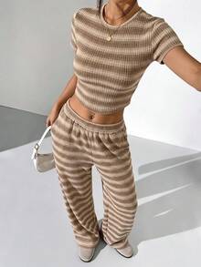 SHEIN EZwear 女款棕色條紋針織休閒套裝 - 咖啡棕 - 查看 7