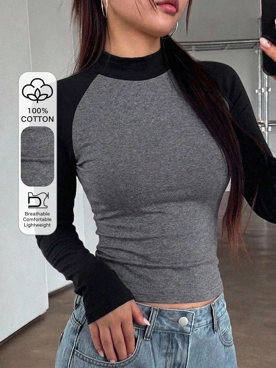 DAZY 女款拼色修身顯瘦休閒運動T恤,純棉面料長袖 - 灰色 - 查看 1