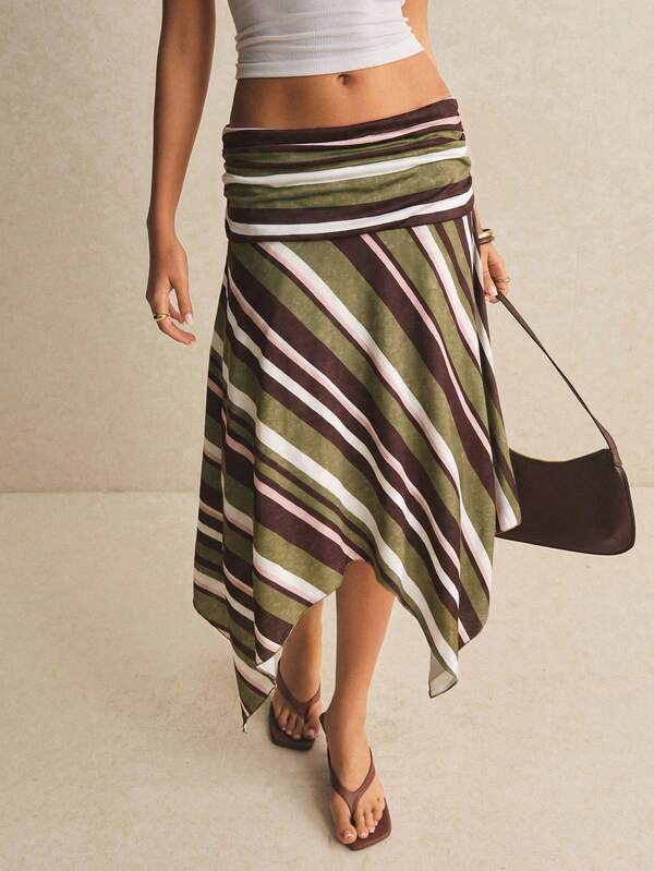 Poéselle Women's Striped Asymmetric Hem Fashion Casual Skirt, Striped Skirt, Ruffle Skirt ,Beach Outfit,Vacation Outfits,Autumn Outfit,Fall/Winter