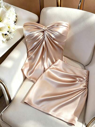 GlowEve CURVE Plus Size Women's Autumn/Winter Champagne Satin 2-Piece Set, Twisted Drape Bandeau Top And High-Waisted Ruched Bodycon Mini Skirt, Pure Desire Party Date Light Formal Outfit