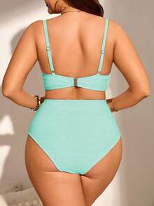 SHEIN Swim Curve Plus Size Women 2pcs Solid Color Gather Spaghetti Strap Tankini Swimwear Set, Fashionable & Minimalist For Vacation - Mint Green - View 2