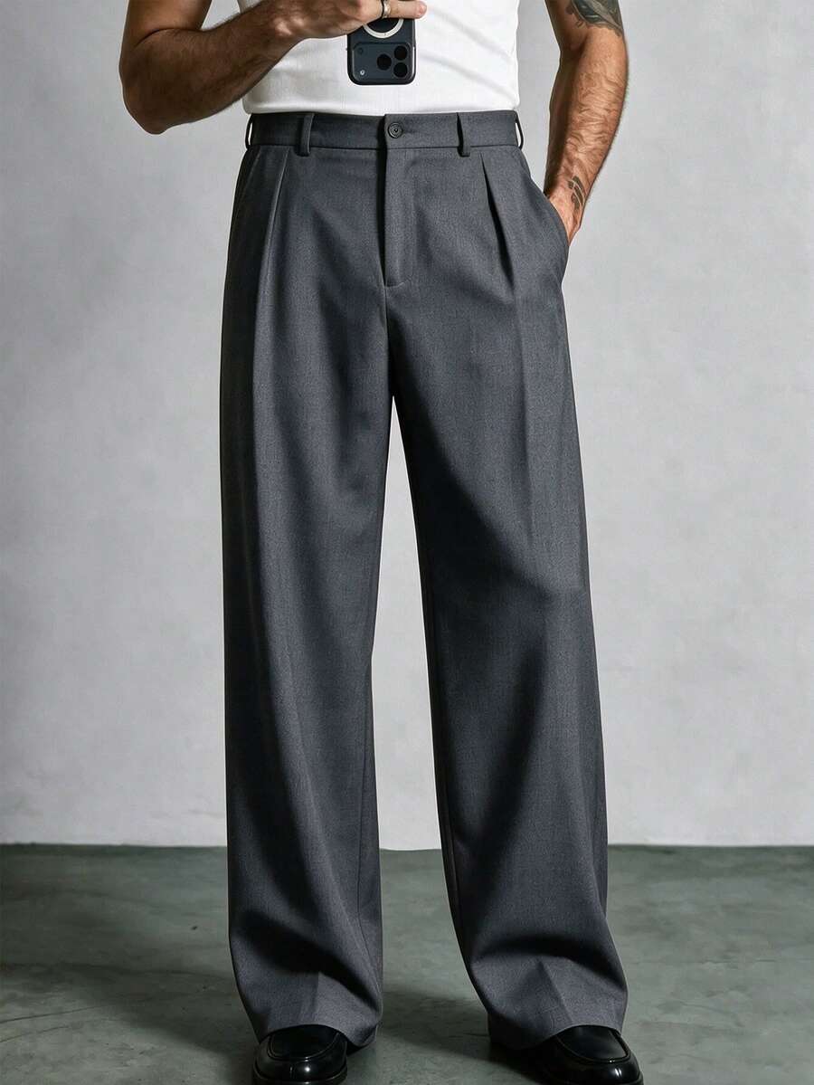 Manfinity Homme Men's White Draped Comfortable Casual Spring/Summer Pants - Dark Grey - View 1