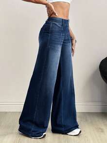 Flexra Plus Size Fashion Mid-Blue Denim Washed Wide Leg Pants - Dark Wash - View 4