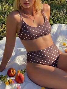 Swim Mod Plus Size Women 2-Piece Random Polka Dot Print Casual Swimwear Set - Brown - View 3