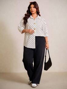 Elaquor Plus Size French Fashion Metal Heart Buckle Polka Dot Print Blouse - White - View 5