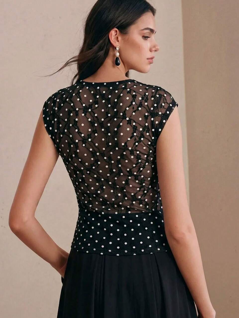 Anewsta Spring/Summer Black Polka Dot Lace Cowl Neck Soft Minimalist Sexy Style Women's T-Shirt Top