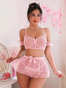 SHEIN 浪漫蕾絲可愛裙裝套裝 4件組 - 粉色 - 查看 4