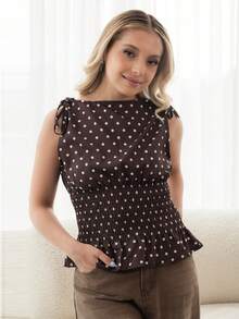 Ximena Robles Ximena Robles Women's Elegant Polka Dot Shoulder Tie Bow Waist Drawstring Sleeveless Top, Flattering Casual Everyday Wear Summer - Coffee Brown - View 1