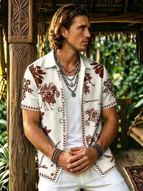 Alderstead Men Textured Fabric Shirt, Floral Print, Short Sleeve, Button Down, Vacation, Beach, Summer Casual Wear For Men And Women, Easy Match Top