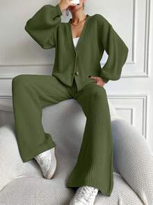 EURMUSE Women's Solid Color Long Sleeve Sweater & Pants 2 Pieces Set - Army Green - View 5