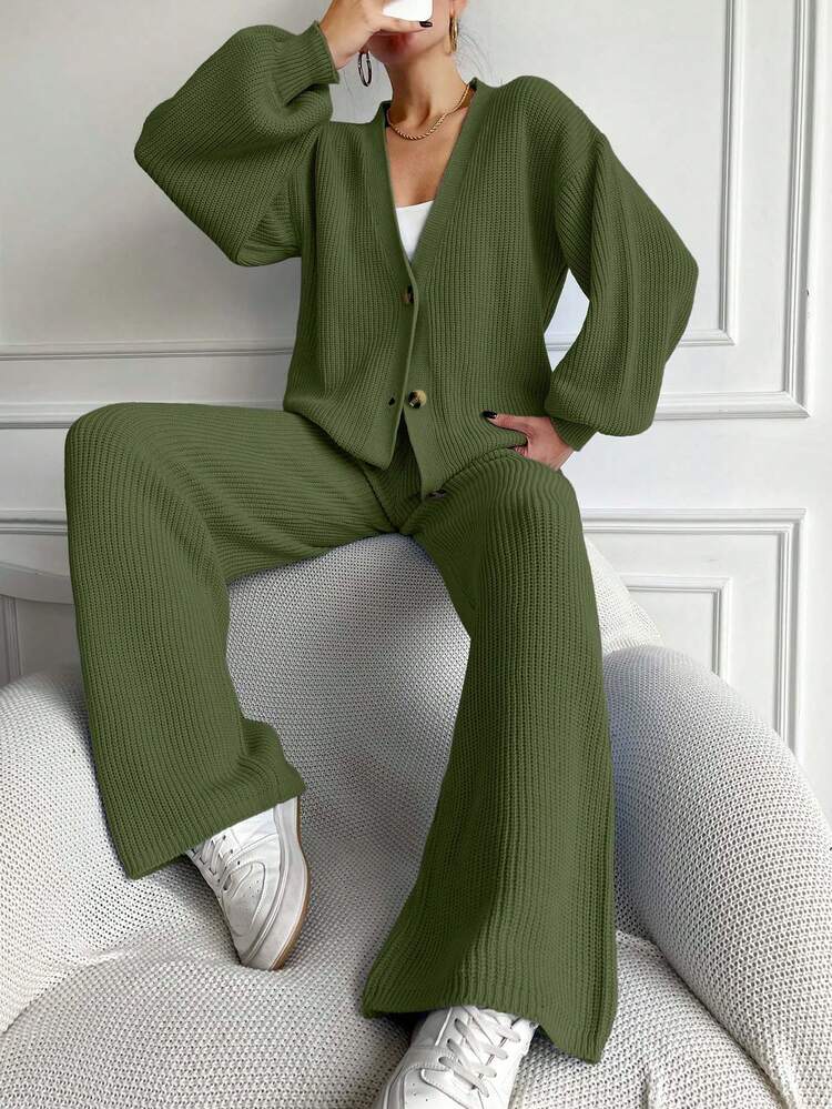 EURMUSE Women's Solid Color Long Sleeve Sweater & Pants 2 Pieces Set - Army Green - View 5