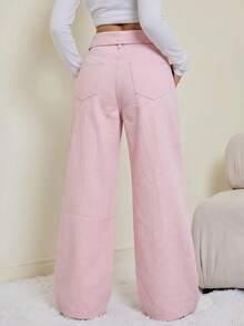 SHEIN Tall 女款折疊腰寬腿寬鬆休閒牛仔褲 - 粉色 - 查看 4