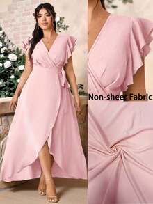 Allurite Plus Size Romantic Elegant Wedding Solid Color Cross V-Neck Tie Side Ruffle Sleeve Dress - Pink - View 1