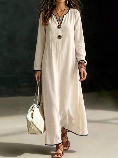 Breezaya Women's Apricot Colorblock Long Sleeve V-Neck Maxi Dress, Elegant Elegant, Birthday Gift, Date, Party, Valentine's Day, Carnival, Gathering, Music Festival, Travel, Vacation, Street Photography, Atmospheric Outfit, Spring Autumn Clothing, Spring Autumn Dress, Spring Autumn New Essential Fashion Item, Niche Design, Versatile Style