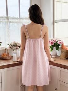 Snug Reverie Fashionable Women's Polka Dot Flutter Sleeve Ruffle Nightgown - Pink - View 2