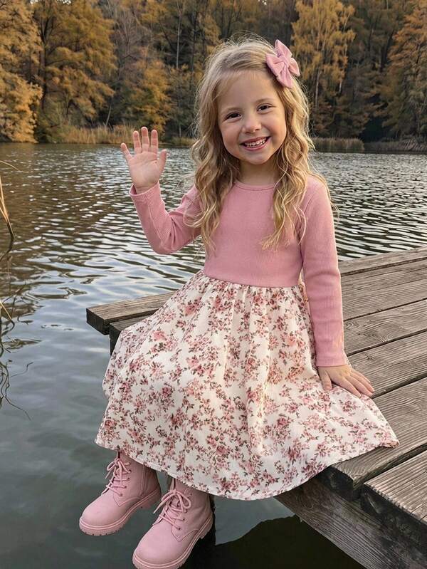 Emery Rose Kids Young Girl Young Girl Young Girl Young Girl Patchwork Ditsy Floral Round Neck Long Sleeve Dress