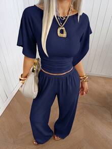 SHEIN EZwear Navy Blue Knitted Women's Crew Neck T-Shirt And Pants Casual Loungewear Set - Navy Blue - View 3