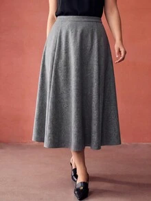 MOTF PREMIUM PLUS SIZE WOMEN'S WOOL FAN-SHAPED AUTUMN/WINTER COMMUTE SKIRT - Grey - View 4