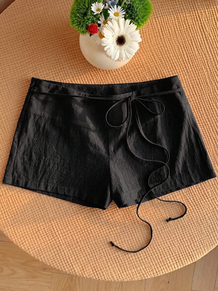Comfortcana Women's Solid Color Drawstring Waist Casual Daily Shorts Beach Black Summer - Black - View 3