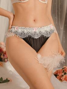 DelicateAllure 女款蕾絲拼接性感日常三角內褲 - 黑色 - 查看 3