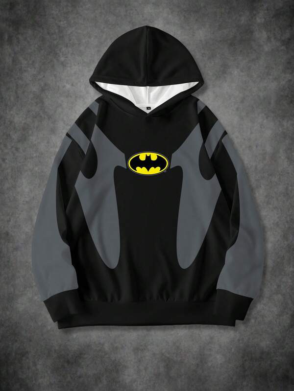 BATMAN X SHEIN هودي كاجوال للرجال بطبعة الخفاش وألوان متباينة، خريف