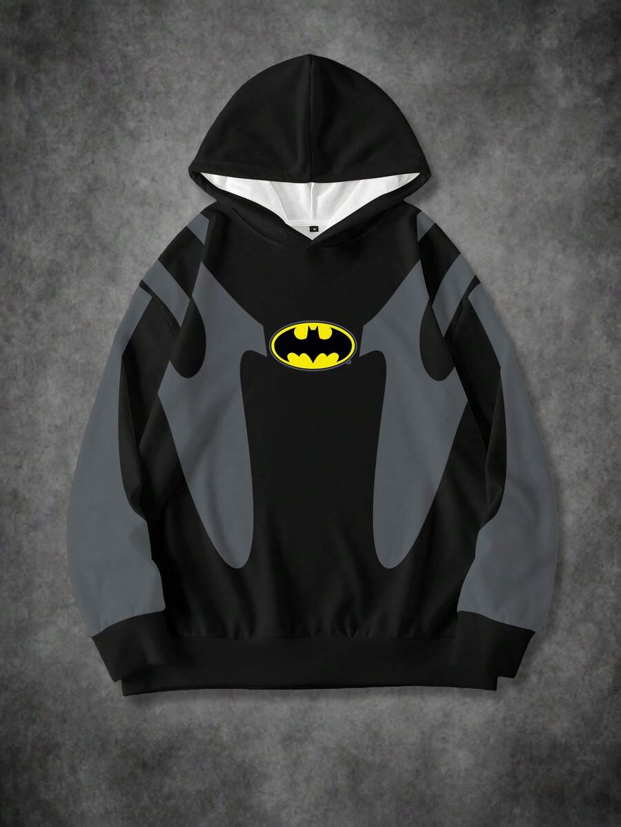 BATMAN X SHEIN 男士休闲蝙蝠印花撞色连帽衫,秋季 - 白色 - 查看 1