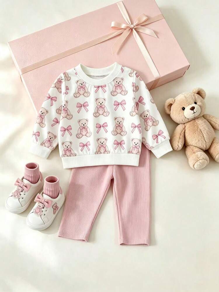 Souflis Souflis Infant Toddler Casual Daily Cute Bow Bear Sweatshirt Set, Pink Bear Bow Print Clear Playful Top, Knit Leggings, Baby Girl Autumn Clothes - Multicolor - View 1