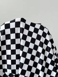 SHEIN EZwear 大尺碼棋盤格印花上衣與長褲兩件套 秋季 - 黑與白 - 查看 6