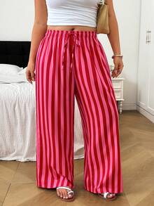 SHEIN EZwear 大尺碼休閒波西米亞風紅白配色長褲，適合度假、秋季穿著 - 彩色 - 查看 4