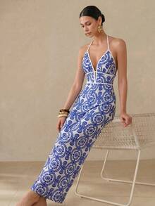 Swim Oasis Women's Vacation Botanical Print Wide Leg Halter Neck Jumpsuit Blue And White Summer European Tropical - Black and White - View 3