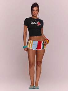 MUSERA Graphic 'Puro Fuego' Cropped Top Tshirt Spring Summer Vacation Holiday Ibiza Boho Streetwear Elegant Casual Carnival Festival Going Out Black And Red - Black - View 3