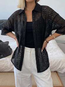 FRIFUL Women's Solid Color Lace Drop Shoulder Loose Shirt Sheer - Black - View 2
