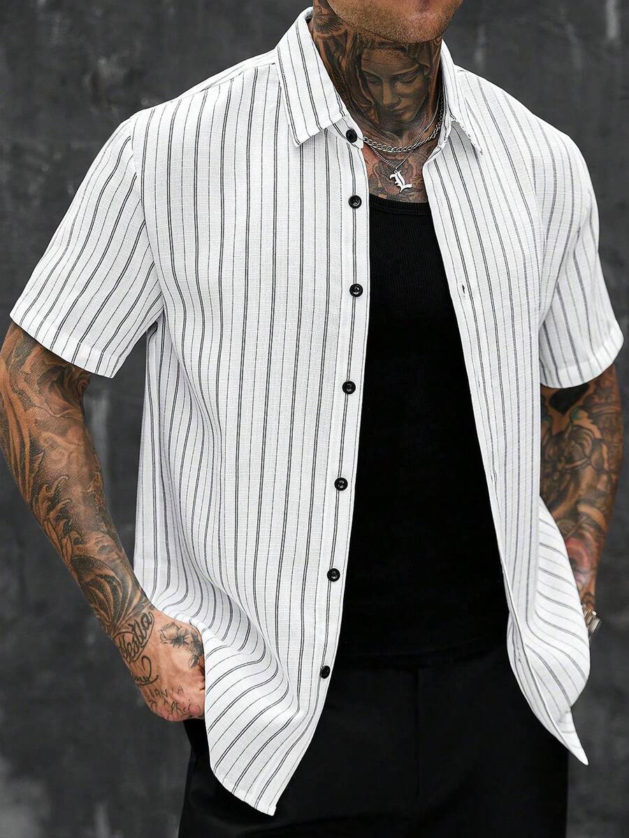 SLATEMANN Men's White Vintage Textured Linen-Like Vertical Stripe Casual Business Commute Versatile Short Sleeve Shirt, Summer - White - View 1