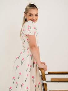 Ximena Robles Ximena Robles Elegant Tulip Floral Print Summer Long Dress With Premium Quality And Graceful Elegant Vacation - Multicolor - View 4