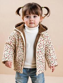 SHEIN Playful Pals جاكيت بقلنسوة من الصوف الناعم بنقشة زهور ريترو للبنات الصغيرات، للارتداء اليومي الكاجوال في فصل الخريف - لون مشمشي - مشاهدة 9